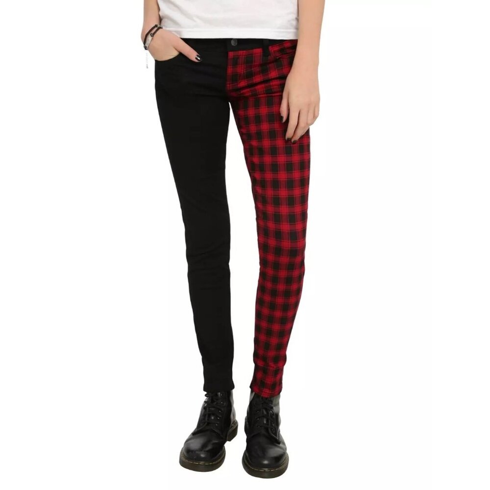 Royal Bones Buffalo Check Split Leg Skinny Jeans‎ Mid-Rise Slim red goth sz 9